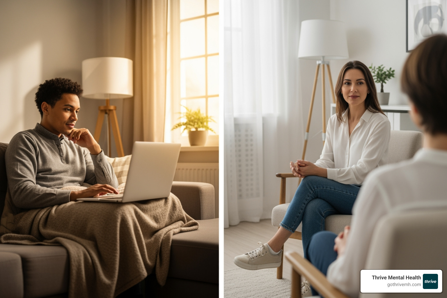 person in office vs person at home for therapy - online therapy platforms