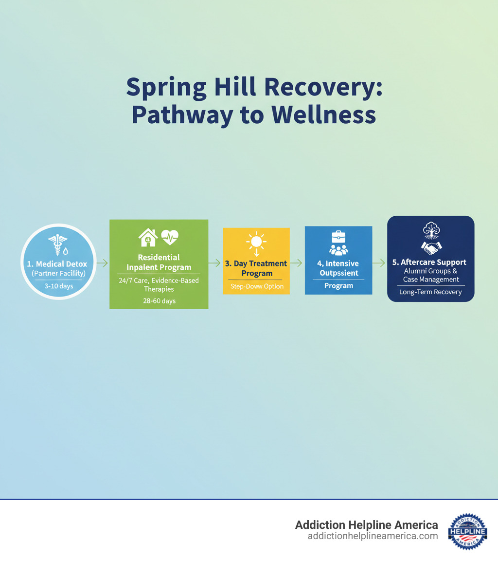 Infographic showing the recovery pathway at Spring Hill Recovery: Medical Detox at partner facility (3-10 days) → Residential Inpatient Program with 24/7 care and evidence-based therapies (28-60 days) → Day Treatment Program step-down option → Intensive Outpatient Program → Aftercare Support with alumni groups and case management for long-term recovery - Spring Hill Recovery infographic Infographic showing the recovery pathway at Spring Hill Recovery: Medical Detox at partner facility (3-10 days) → Residential Inpatient Program with 24/7 care and evidence-based therapies (28-60 days) → Day Treatment Program step-down option → Intensive Outpatient Program → Aftercare Support with alumni groups and case management for long-term recovery - Spring Hill Recovery infographic