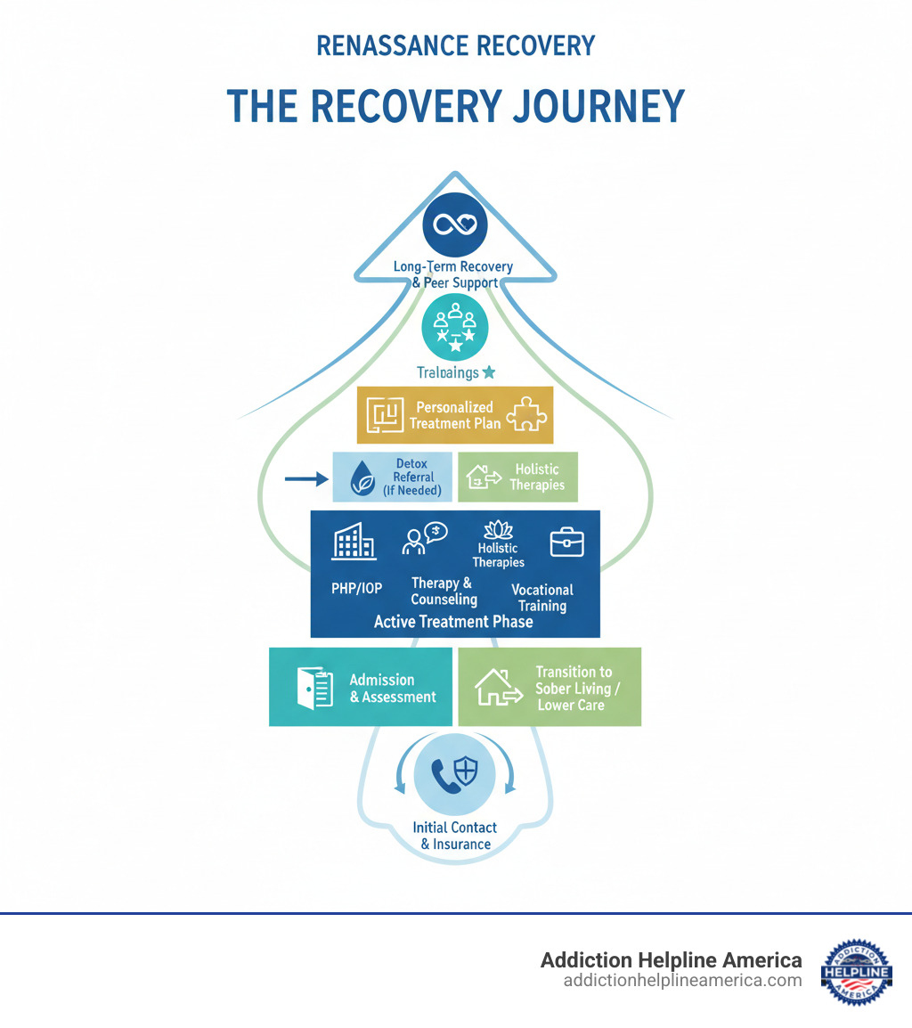 Infographic showing the typical recovery journey at Renaissance Recovery: Initial Contact and Insurance Verification, Admission and Assessment, Detox Referral if Needed, Personalized Treatment Plan Development, Active Treatment Phase including PHP or IOP with individual therapy and group counseling and holistic therapies and vocational training, Transition to Lower Level of Care or Sober Living, Aftercare Support and Alumni Community Engagement, Long-Term Recovery with Ongoing Peer Support - Renaissance Recovery infographic Infographic showing the typical recovery journey at Renaissance Recovery: Initial Contact and Insurance Verification, Admission and Assessment, Detox Referral if Needed, Personalized Treatment Plan Development, Active Treatment Phase including PHP or IOP with individual therapy and group counseling and holistic therapies and vocational training, Transition to Lower Level of Care or Sober Living, Aftercare Support and Alumni Community Engagement, Long-Term Recovery with Ongoing Peer Support - Renaissance Recovery infographic