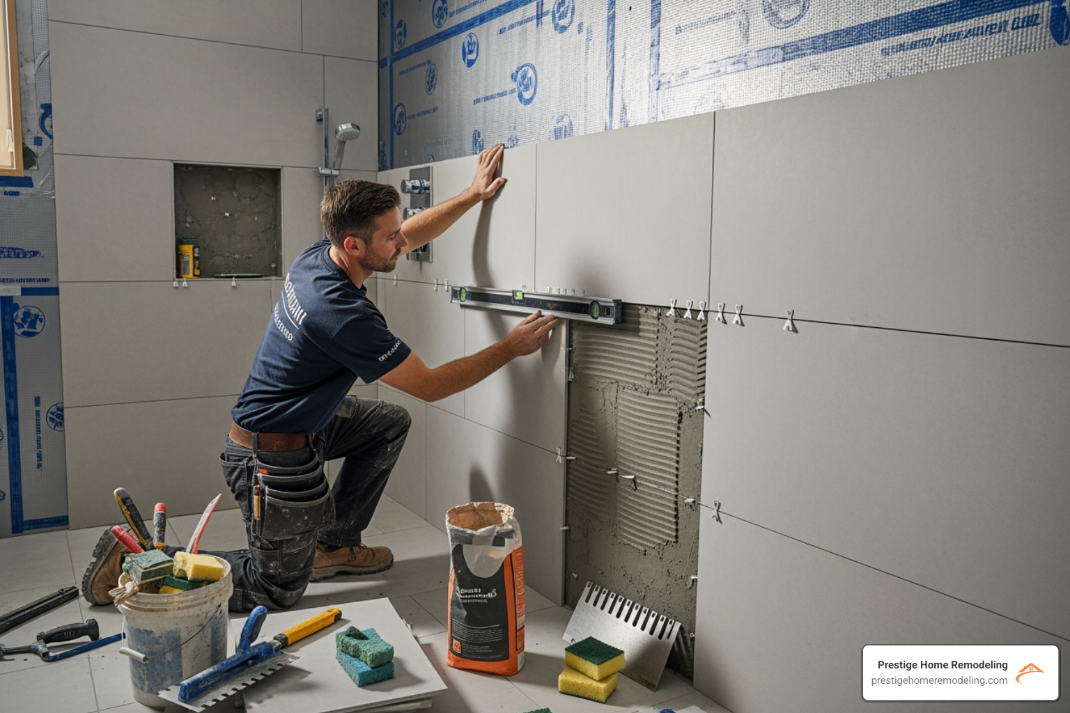 contractor installing large format tiles in a shower - how much does a bathroom remodel cost in baltimore contractor installing large format tiles in a shower - how much does a bathroom remodel cost in baltimore