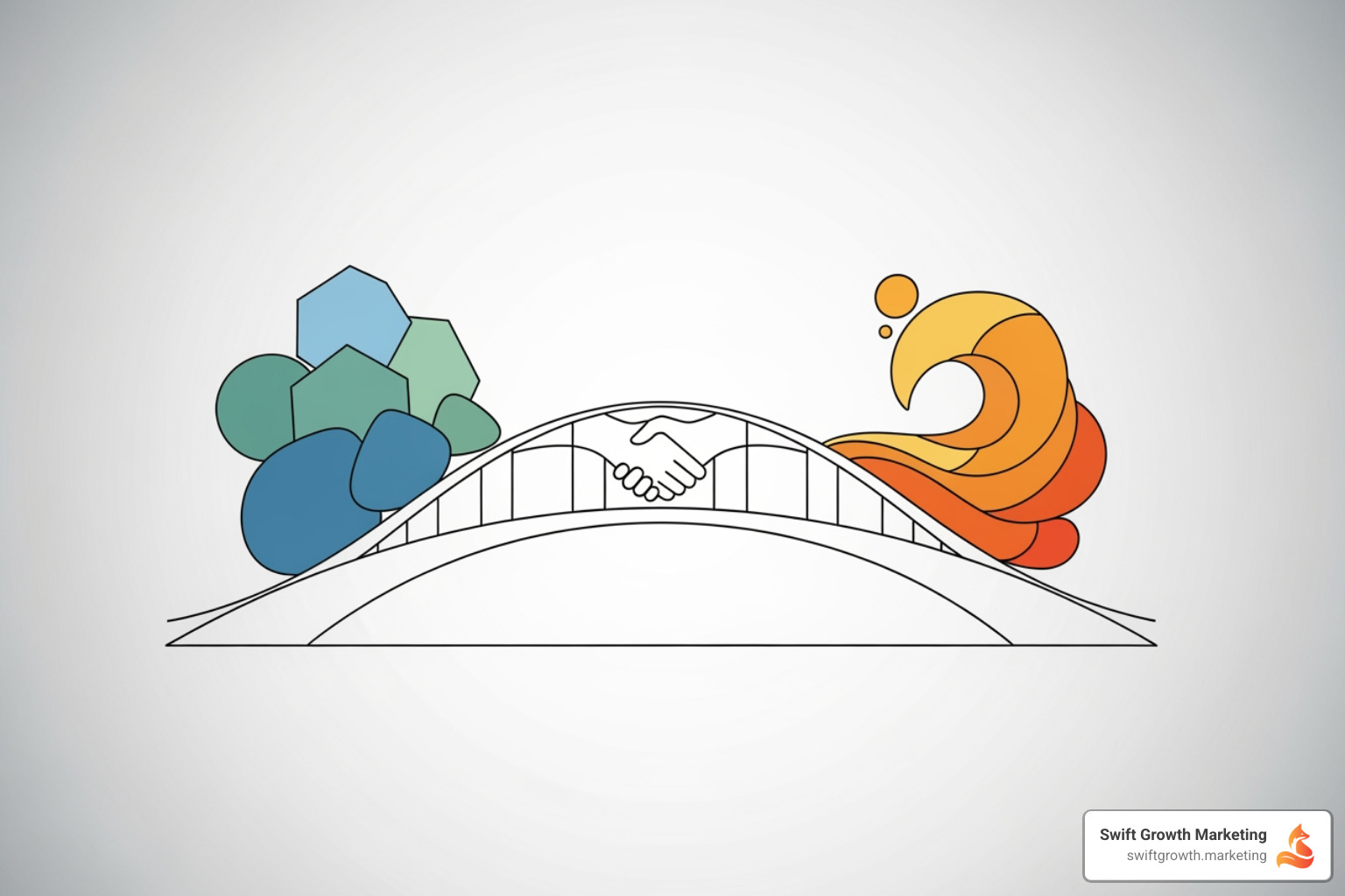 A stylized bridge connecting two teams, one labeled "PR" and the other "SEO", symbolizing integration and collaboration - Digital PR for SEO A stylized bridge connecting two teams, one labeled "PR" and the other "SEO", symbolizing integration and collaboration - Digital PR for SEO