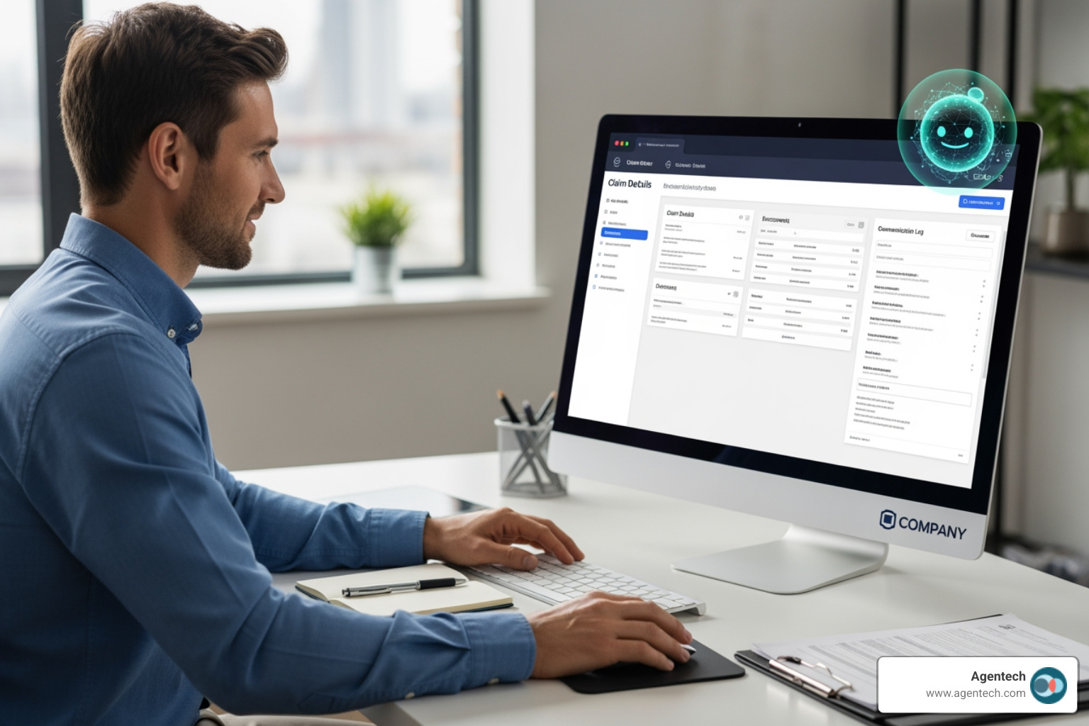 an AI "co-worker" icon next to a human adjuster on a screen, both working on a claim file - Claims management tools