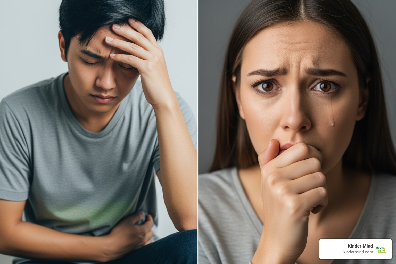 split screen showing physical and emotional symptoms of stress - stress management counselor near me