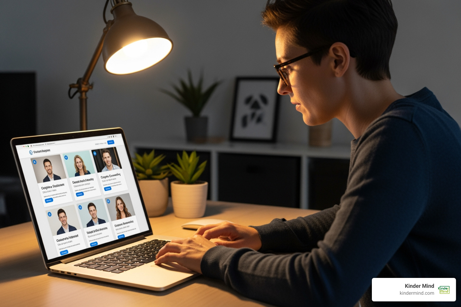 person browsing therapist directory on laptop - stress management counselor near me