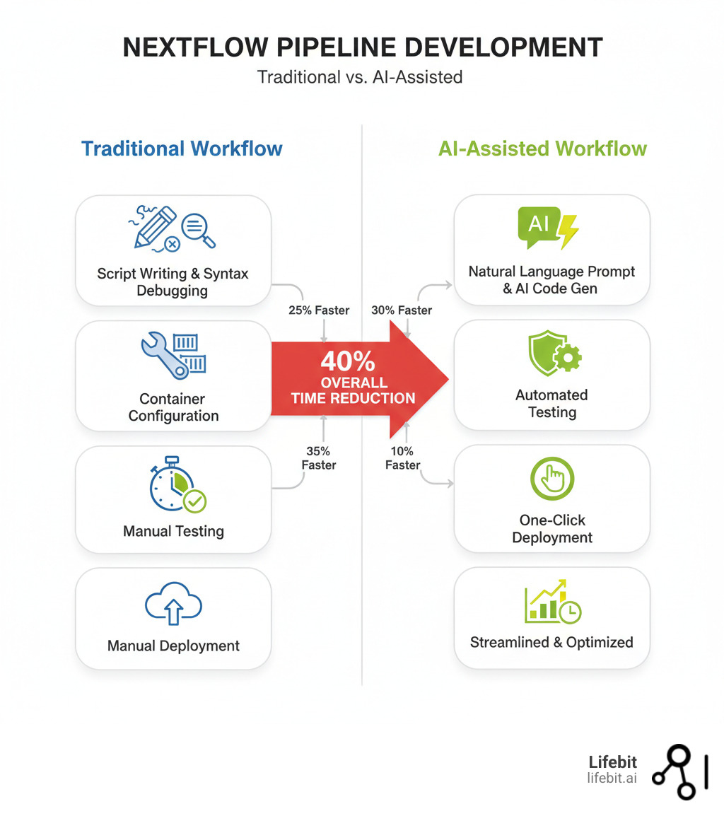 Infographic comparing traditional Nextflow pipeline development workflow (showing manual steps: script writing, syntax debugging, container configuration, testing, deployment) versus AI-assisted workflow (showing streamlined steps: natural language prompt, AI code generation, automated testing, one-click deployment), with time savings highlighted at each stage showing 40% overall reduction in development time - ai for nextflow infographic Infographic comparing traditional Nextflow pipeline development workflow (showing manual steps: script writing, syntax debugging, container configuration, testing, deployment) versus AI-assisted workflow (showing streamlined steps: natural language prompt, AI code generation, automated testing, one-click deployment), with time savings highlighted at each stage showing 40% overall reduction in development time - ai for nextflow infographic