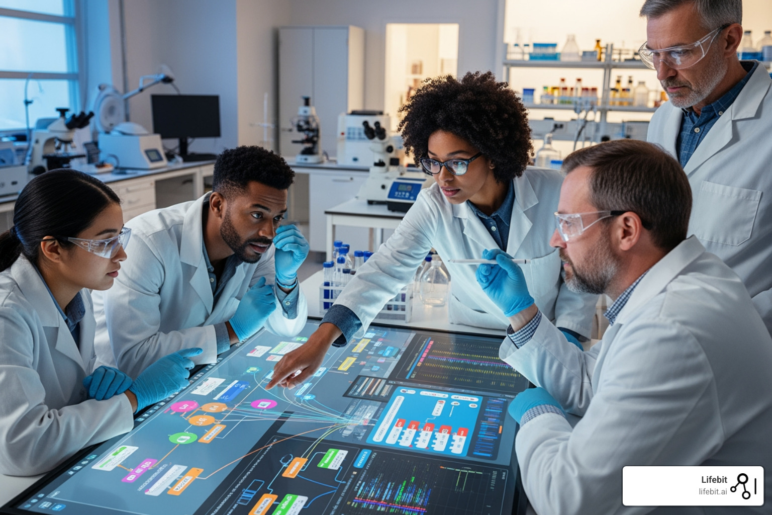 diverse researchers collaborating around a screen showing a Nextflow pipeline, symbolizing accessibility - ai for nextflow diverse researchers collaborating around a screen showing a Nextflow pipeline, symbolizing accessibility - ai for nextflow