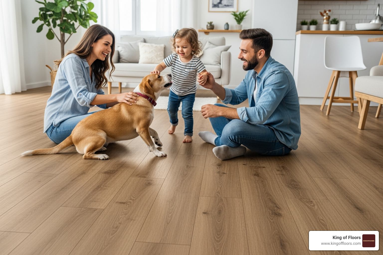 A happy family with a dog enjoying their new, durable laminate floor - flooring stores Langley