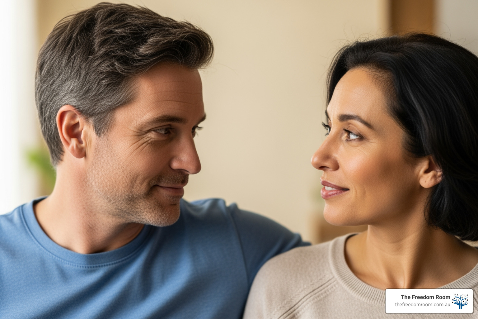 Man and woman sharing a genuine moment of connection, reflecting positive results gained from attending couples group therapy.