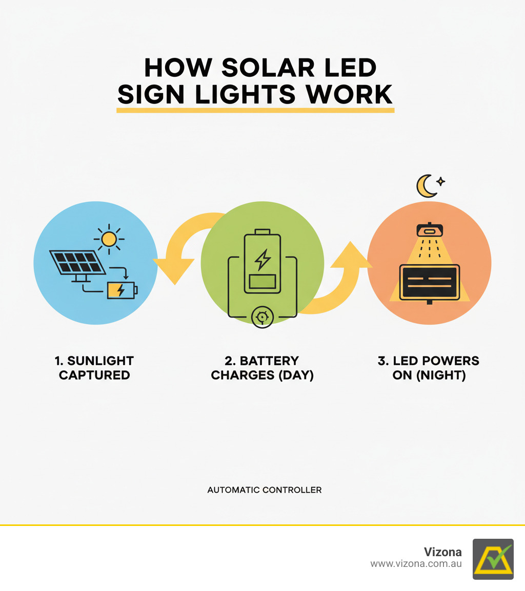 Infographic showing how solar LED sign lights work: solar panel captures sunlight, charges battery during day, powers LED at night via automatic controller - solar LED sign light infographic Infographic showing how solar LED sign lights work: solar panel captures sunlight, charges battery during day, powers LED at night via automatic controller - solar LED sign light infographic