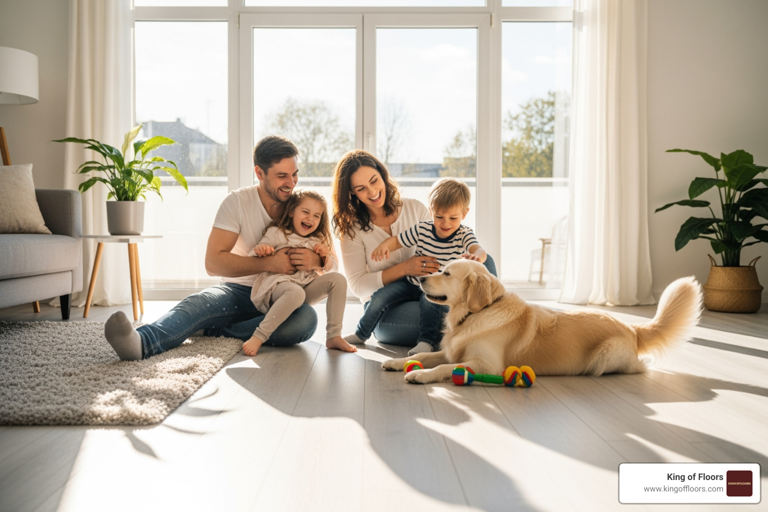 A happy family with children and a dog playing on durable, easy-to-clean laminate flooring in a living room, bathed in natural light - flooring for interiors