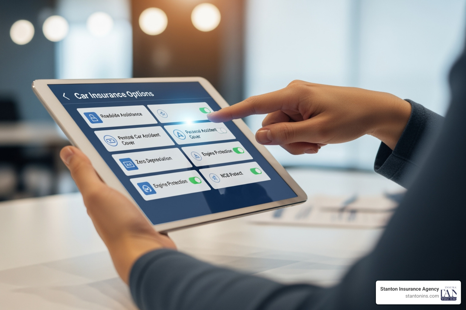 Image of a person using a tablet to select insurance coverage options like "Roadside Assistance" and "Rental Car" - full coverage includes