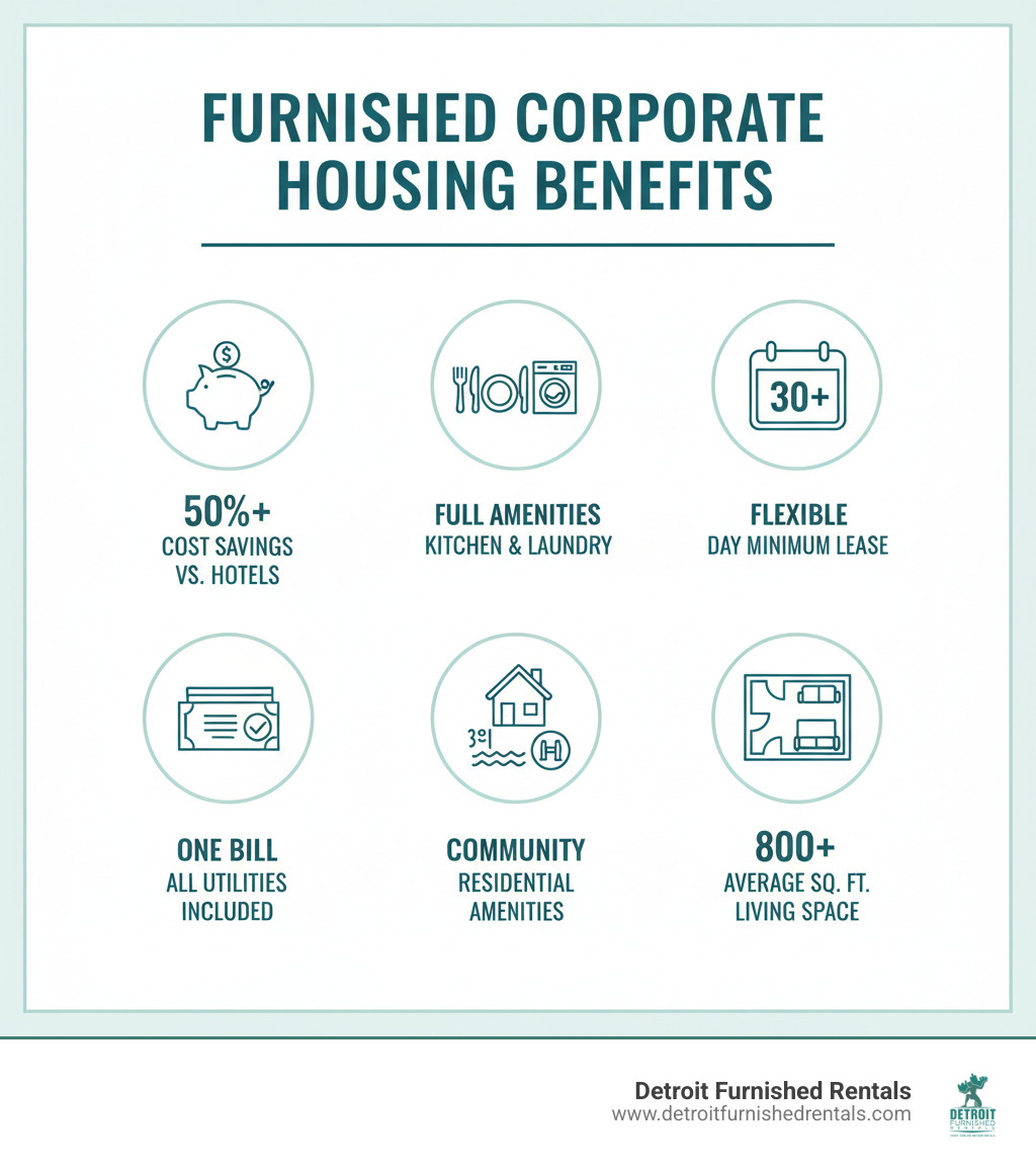 infographic showing comparison of furnished corporate housing benefits including 50% cost savings vs hotels, full kitchen and laundry amenities, flexible 30-day minimum lease terms, all utilities included in one bill, residential community amenities, and average 800+ square feet of living space - Furnished corporate housing infographic 