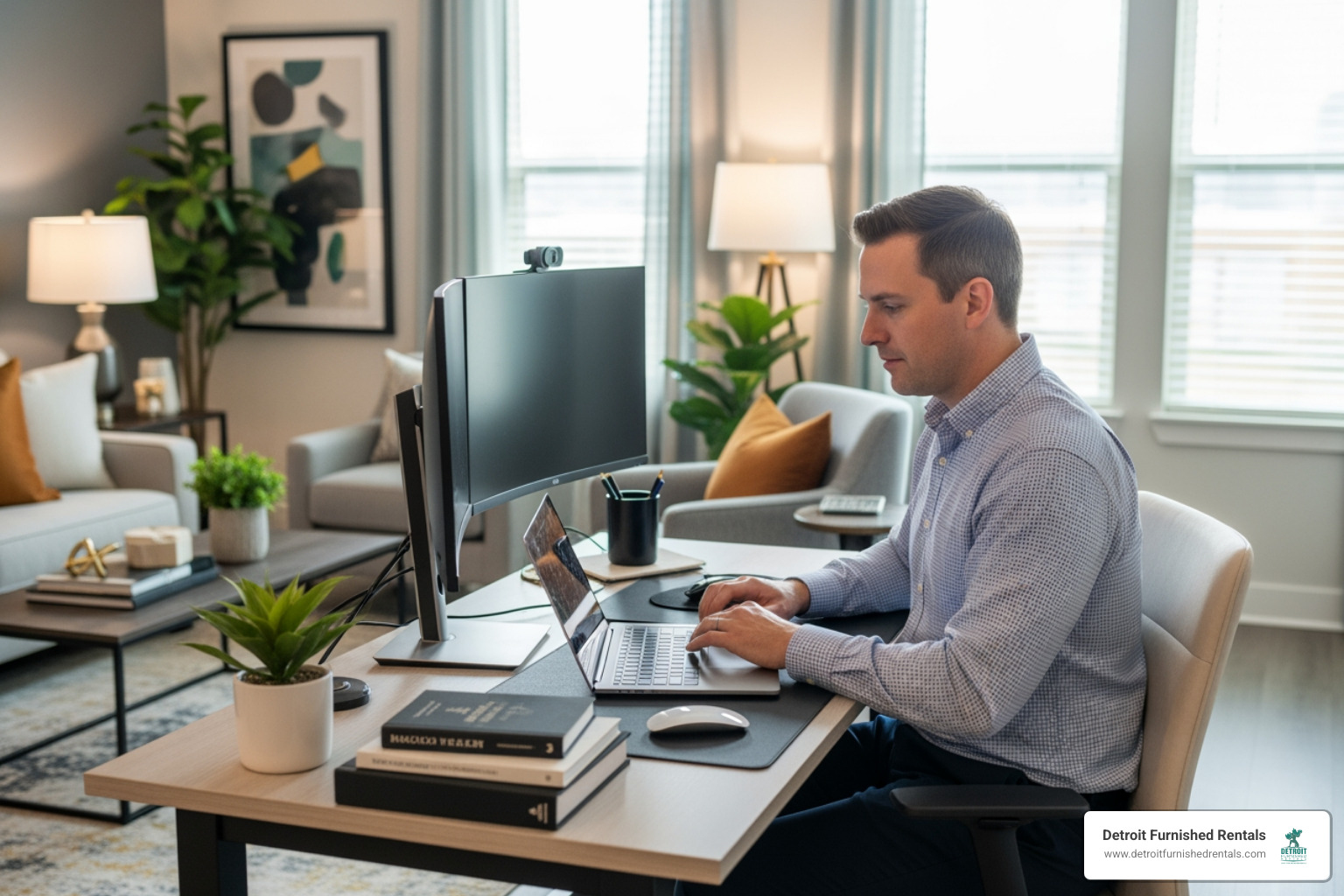 professional working on a laptop in a dedicated workspace within a corporate apartment - Furnished corporate housing