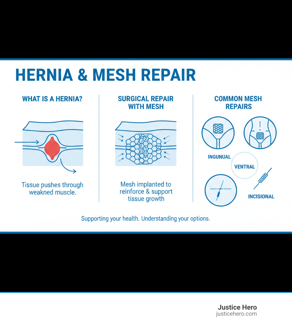 Infographic showing what a hernia is, how it occurs when tissue pushes through weakened muscle, how surgical mesh is implanted during hernia repair surgery to reinforce the weakened area, the types of hernias commonly repaired with mesh including inguinal, ventral, and incisional hernias, and the intended purpose of mesh as scaffolding for tissue growth - Hernia mesh action infographic 
