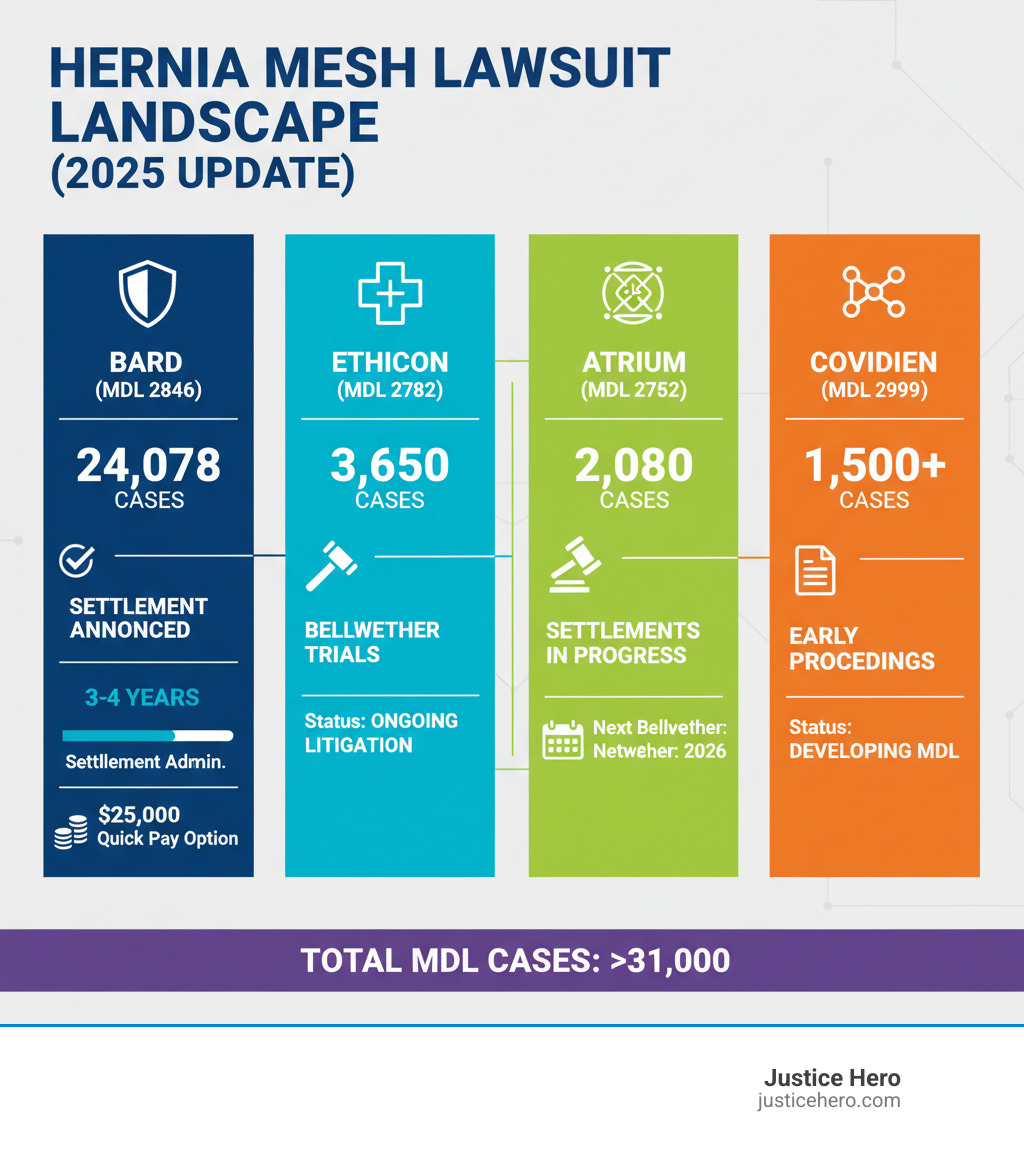 Infographic comparing the status of major MDLs including Bard, Covidien, Ethicon, and Atrium with case numbers and current status - Hernia mesh action infographic 