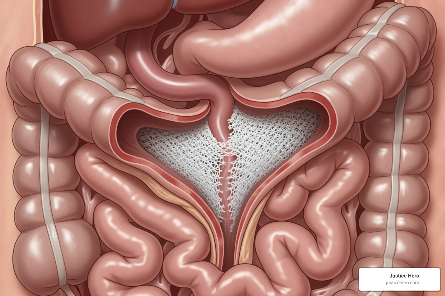 Image illustrating mesh migration causing bowel obstruction - Hernia mesh action