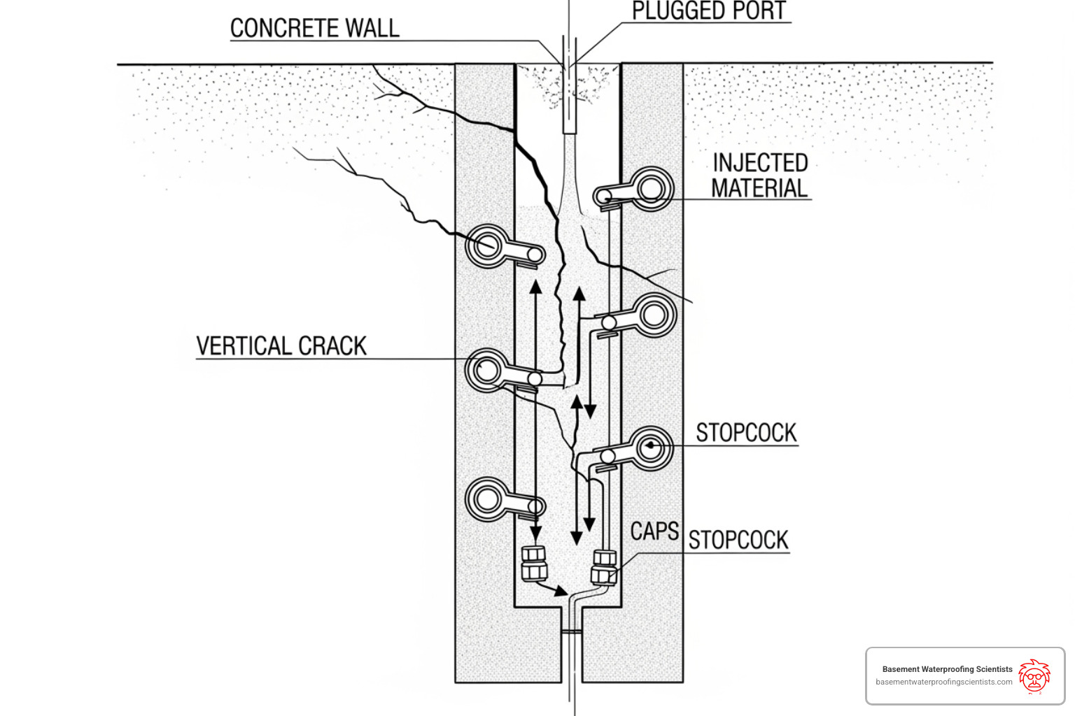 Diagram illustrating the crack injection process, starting from the lowest port and moving upwards, with arrows showing the flow of material and plugged ports - basement foundation wall repairing crack injection Diagram illustrating the crack injection process, starting from the lowest port and moving upwards, with arrows showing the flow of material and plugged ports - basement foundation wall repairing crack injection