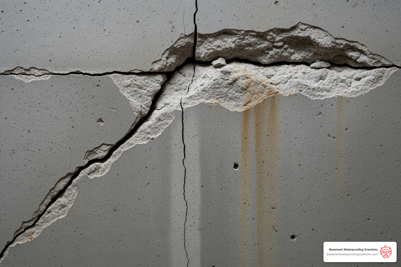 A close-up image showing various types of foundation cracks: a thin vertical crack, a wider diagonal crack, and a horizontal crack with some spalling - basement foundation wall repairing crack injection A close-up image showing various types of foundation cracks: a thin vertical crack, a wider diagonal crack, and a horizontal crack with some spalling - basement foundation wall repairing crack injection