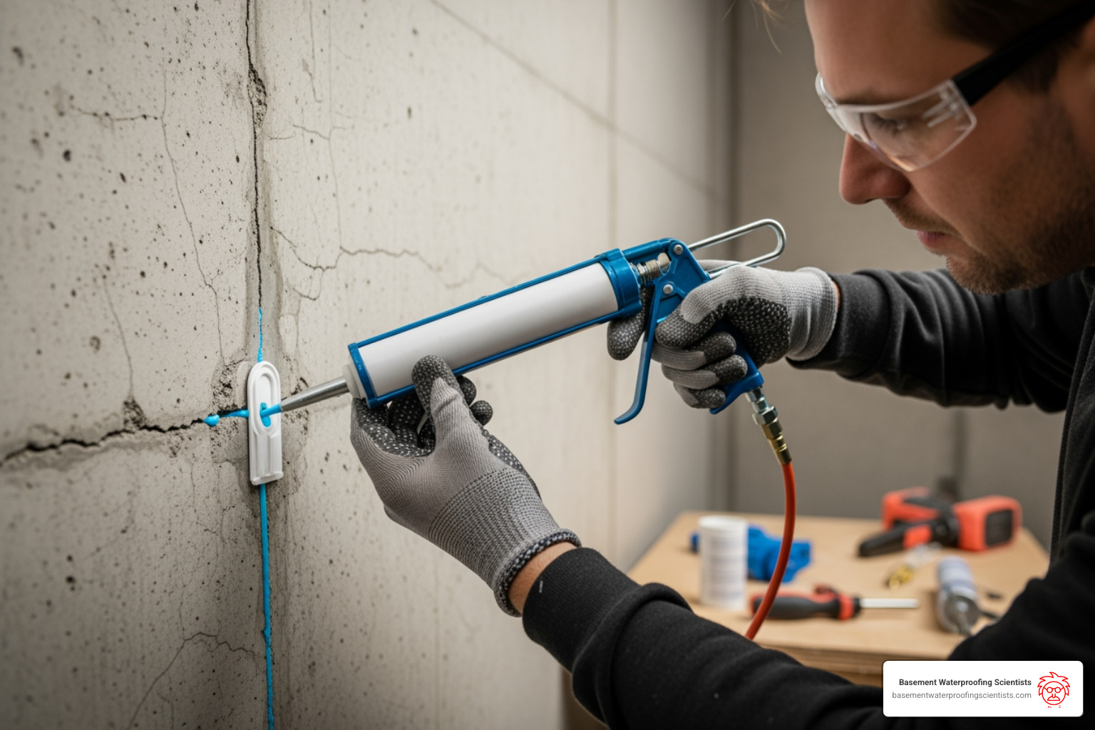 An image illustrating the low-pressure crack injection process, where a professional uses a caulk gun to inject material into an injection port on a basement wall crack - basement foundation wall repairing crack injection An image illustrating the low-pressure crack injection process, where a professional uses a caulk gun to inject material into an injection port on a basement wall crack - basement foundation wall repairing crack injection