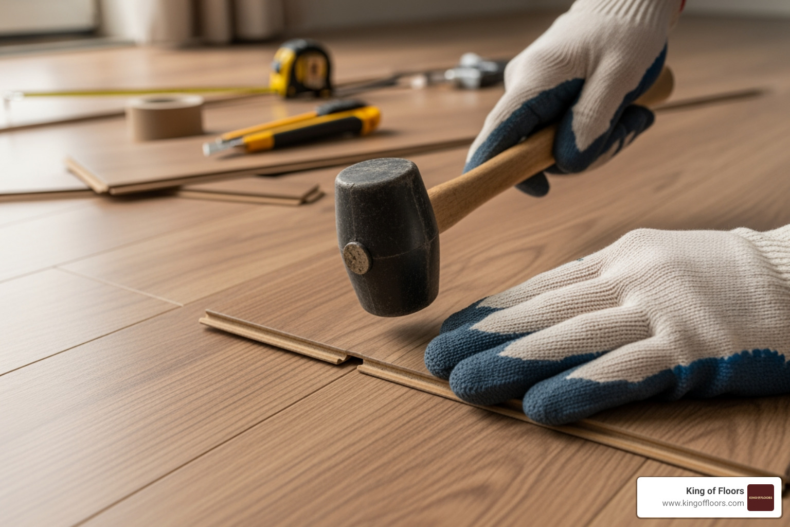 Hands carefully clicking a laminate plank into place, demonstrating proper installation technique. - laminate flooring mistakes