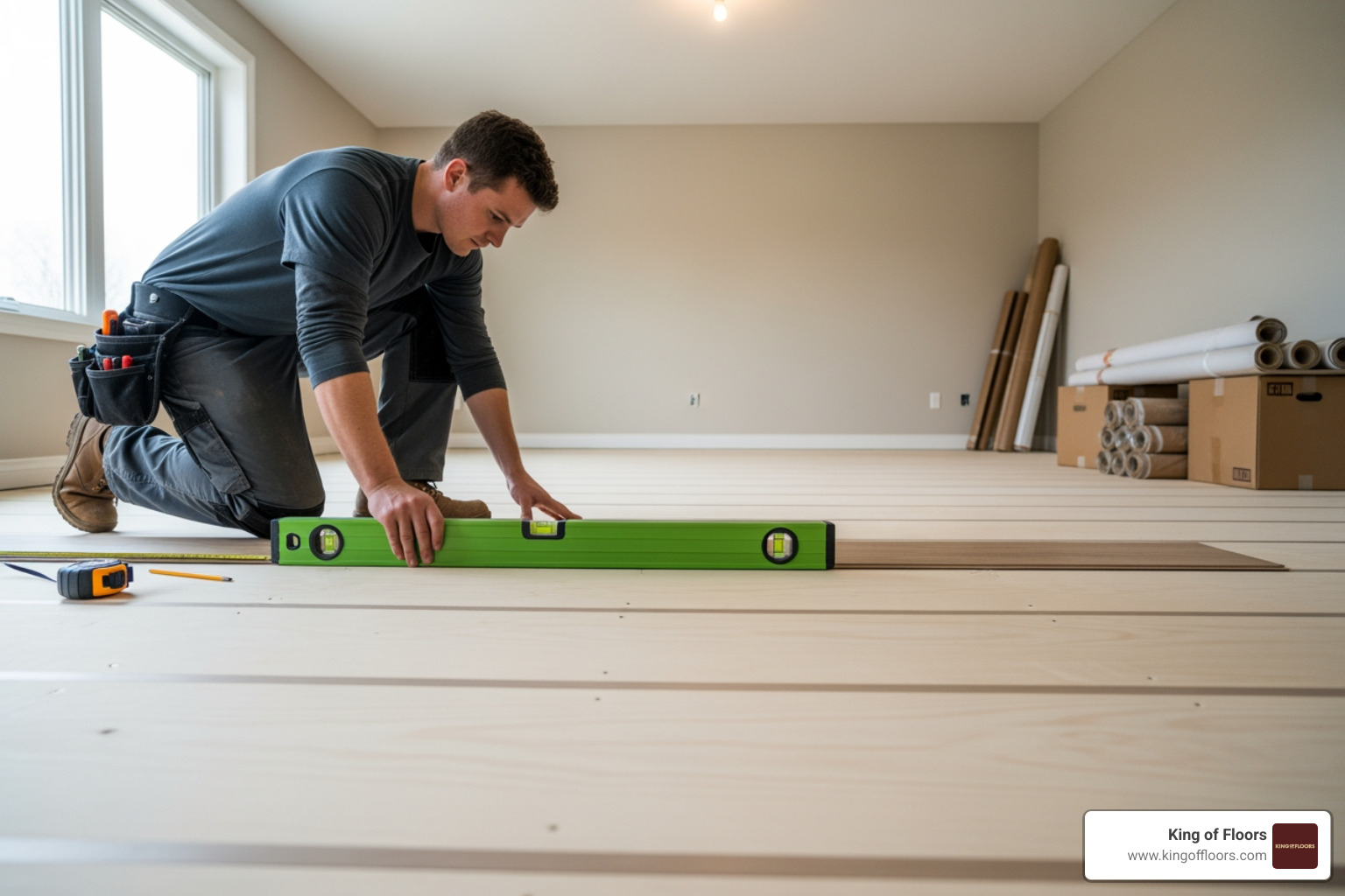 A person using a level to check a clean, prepared subfloor before laminate installation. - laminate flooring mistakes