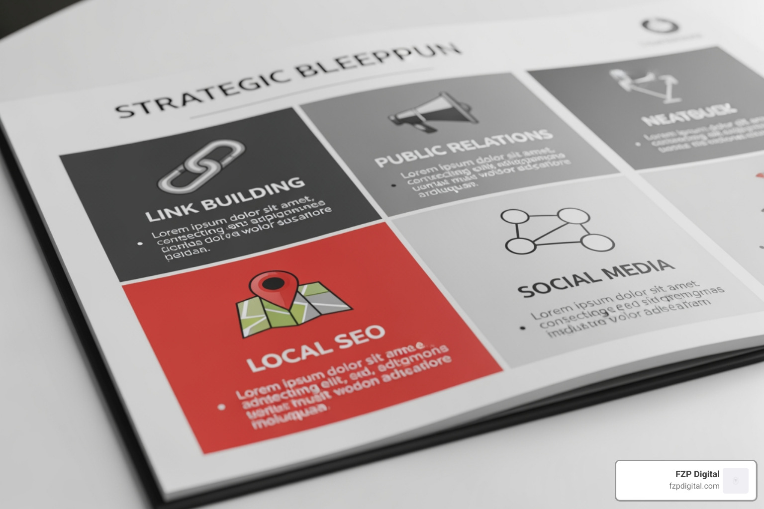 Image of a blueprint or playbook with icons for links, PR, local maps, and social media - Off-page SEO services Image of a blueprint or playbook with icons for links, PR, local maps, and social media - Off-page SEO services