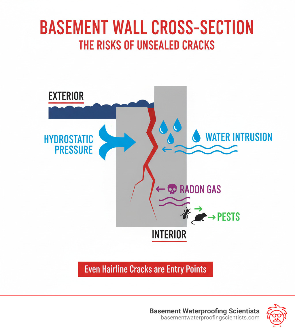 Infographic showing cross-section of a basement wall with a crack, illustrating how water flows through the crack from exterior hydrostatic pressure, and how radon gas and pests can enter through even small hairline cracks into the basement interior - basement foundation wall repairing crack injection infographic Infographic showing cross-section of a basement wall with a crack, illustrating how water flows through the crack from exterior hydrostatic pressure, and how radon gas and pests can enter through even small hairline cracks into the basement interior - basement foundation wall repairing crack injection infographic