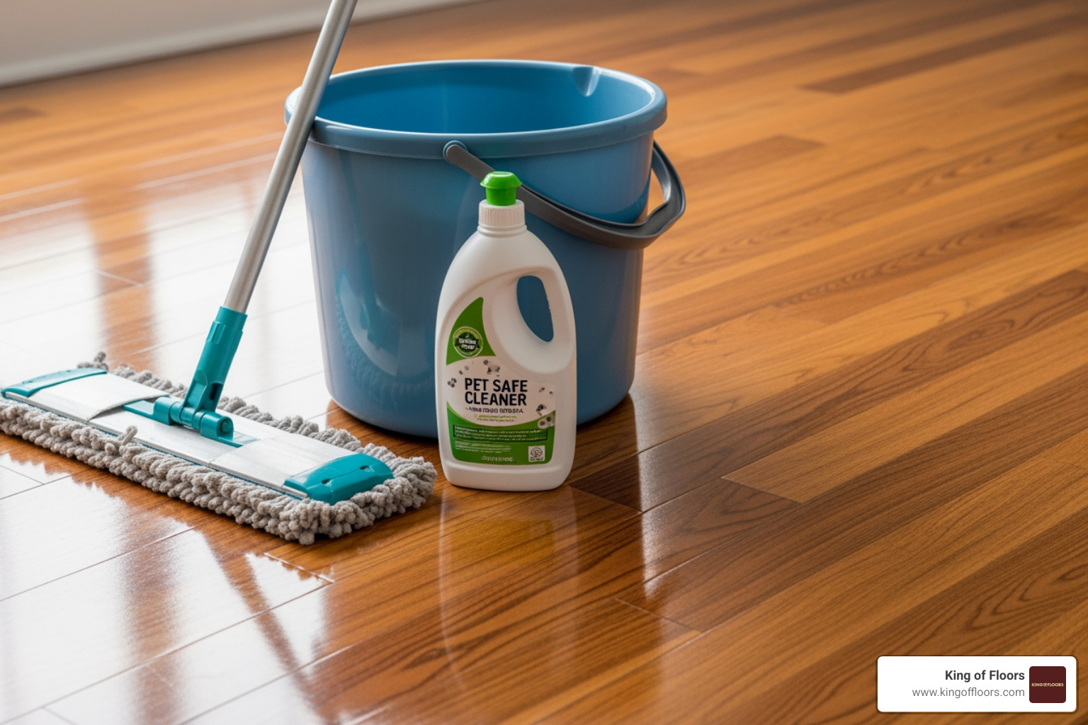 Cleaning supplies including a mop, bucket, and pet-safe cleaner next to a gleaming engineered wood floor - best flooring for pets
