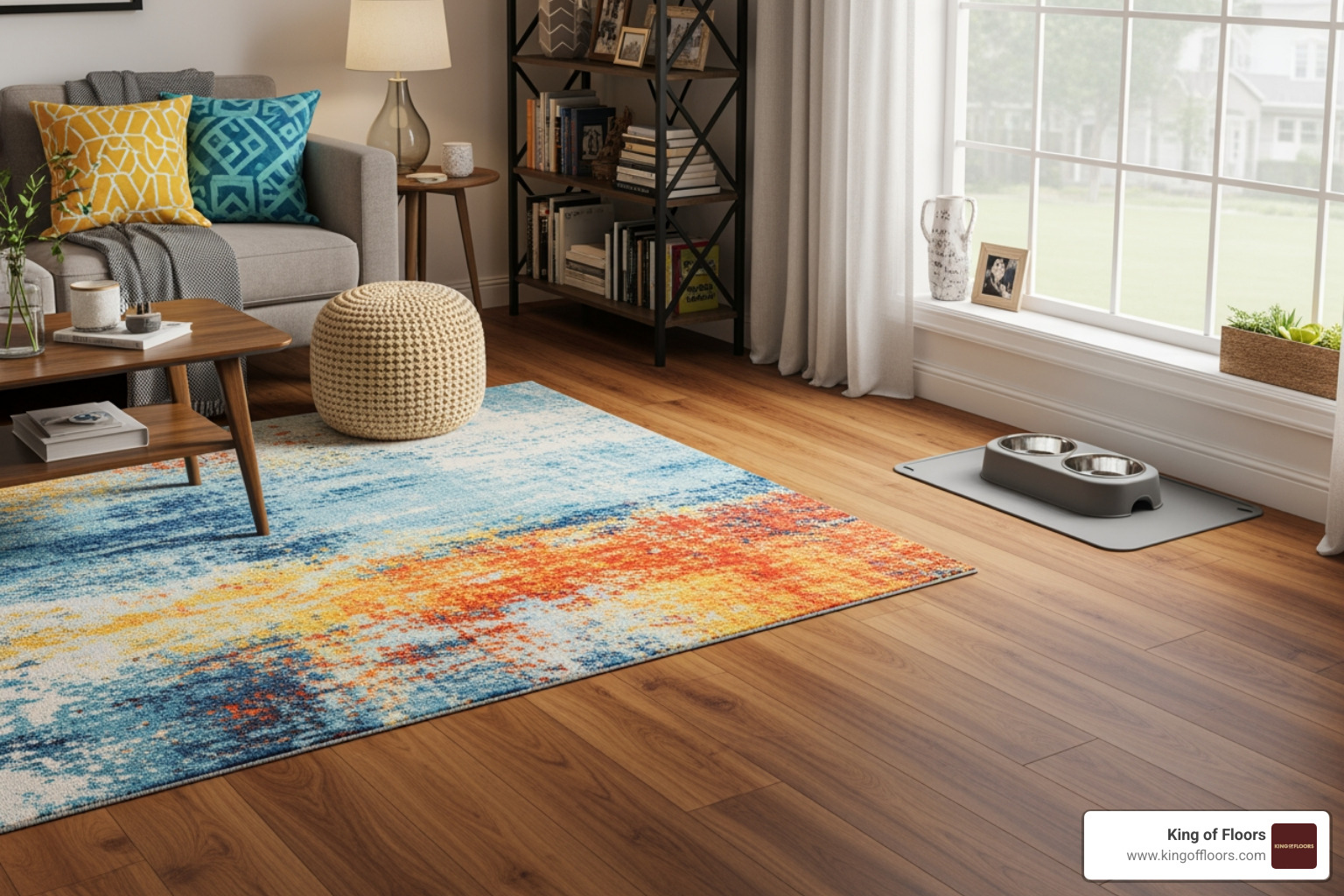 A stylish living room with a colourful area rug over laminate, and a dog's water bowl on a mat in the corner - best flooring for pets
