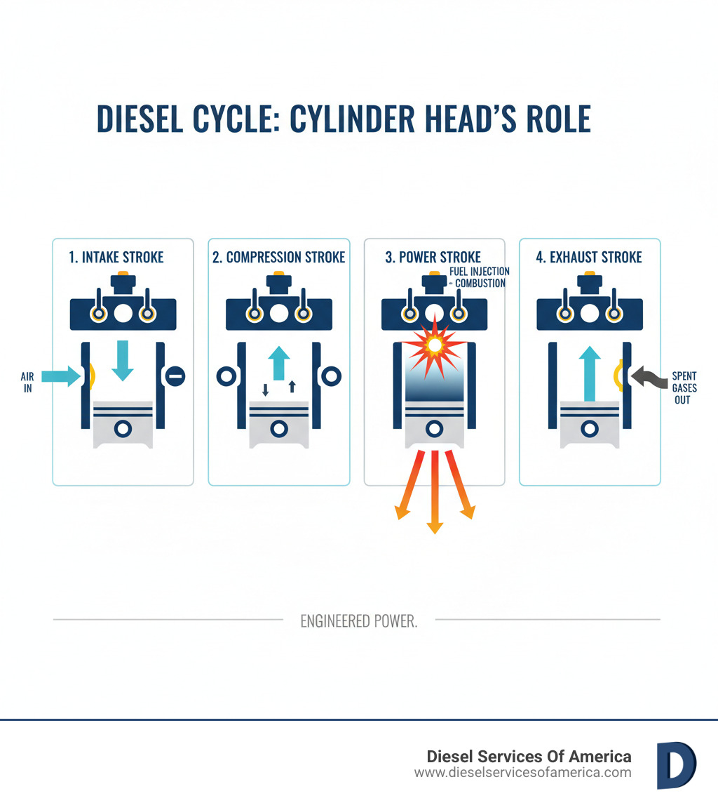 Infographic showing the four-stroke diesel cycle with the cylinder head's role in each stage: intake stroke showing air entering through intake valves, compression stroke with valves closed and piston rising, power stroke with fuel injection and combustion, and exhaust stroke with spent gases exiting through exhaust valves - diesel engine cylinder head infographic 