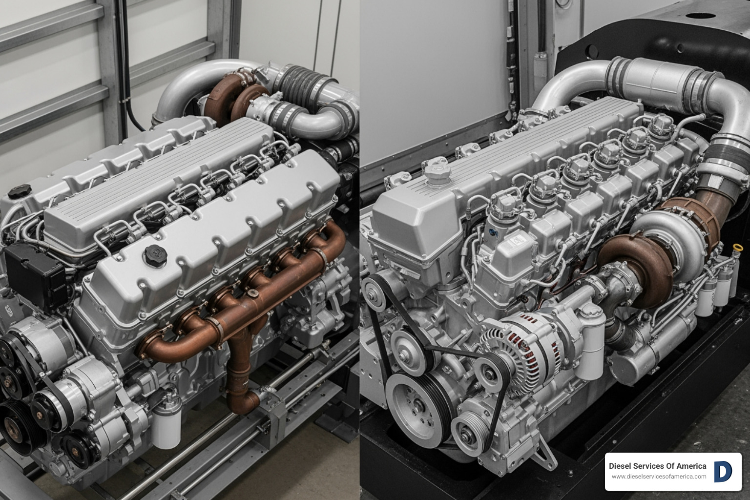 inline-six marine engine with a single cylinder head next to a large V-engine with individual heads - diesel engine cylinder head