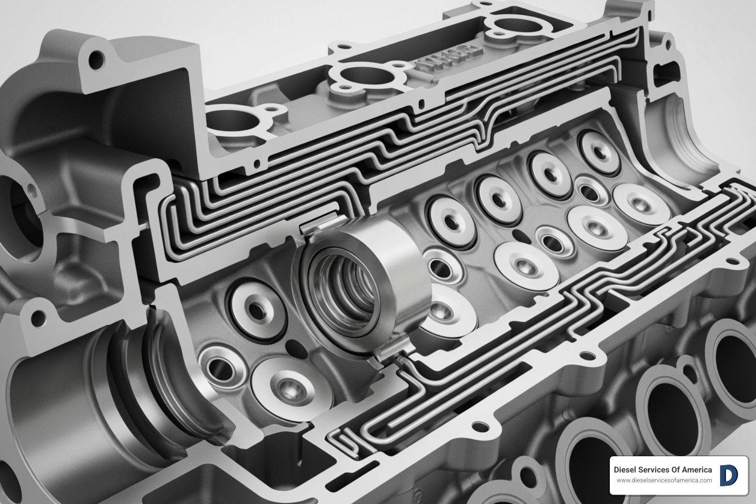 cutaway diesel cylinder head with components labeled - diesel engine cylinder head