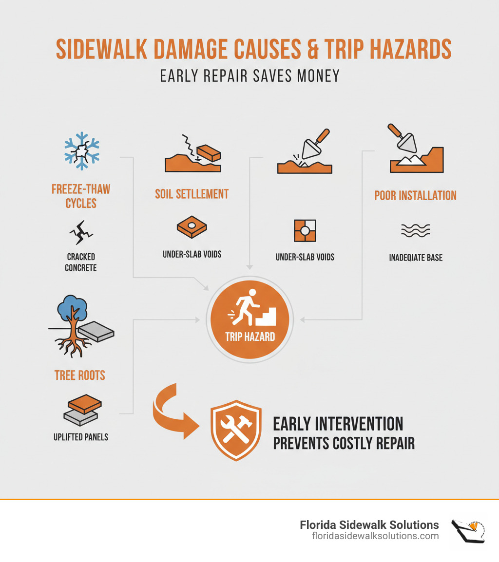 Infographic showing common causes of sidewalk damage including freeze-thaw cycles cracking concrete, soil settlement creating voids under slabs, tree roots lifting panels, and poor installation with inadequate base, along with how each leads to trip hazards and the importance of early intervention - Concrete repair method infographic 