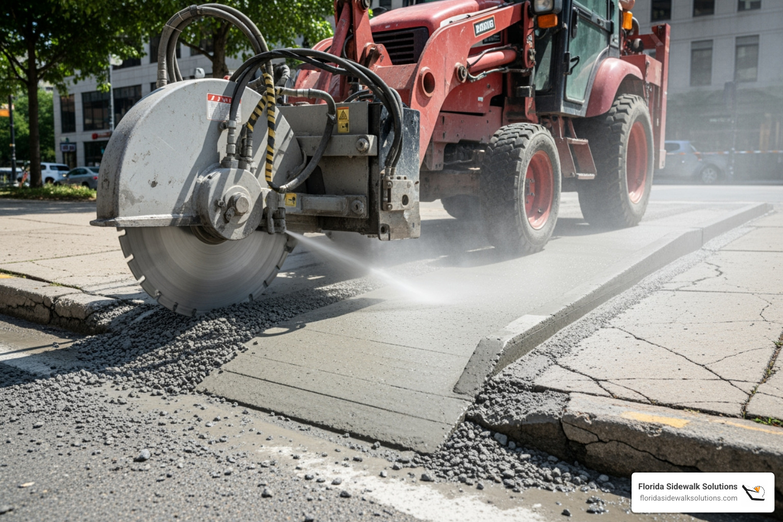 specialized sidewalk cutting machine in action, creating a smooth ramp - Concrete repair method