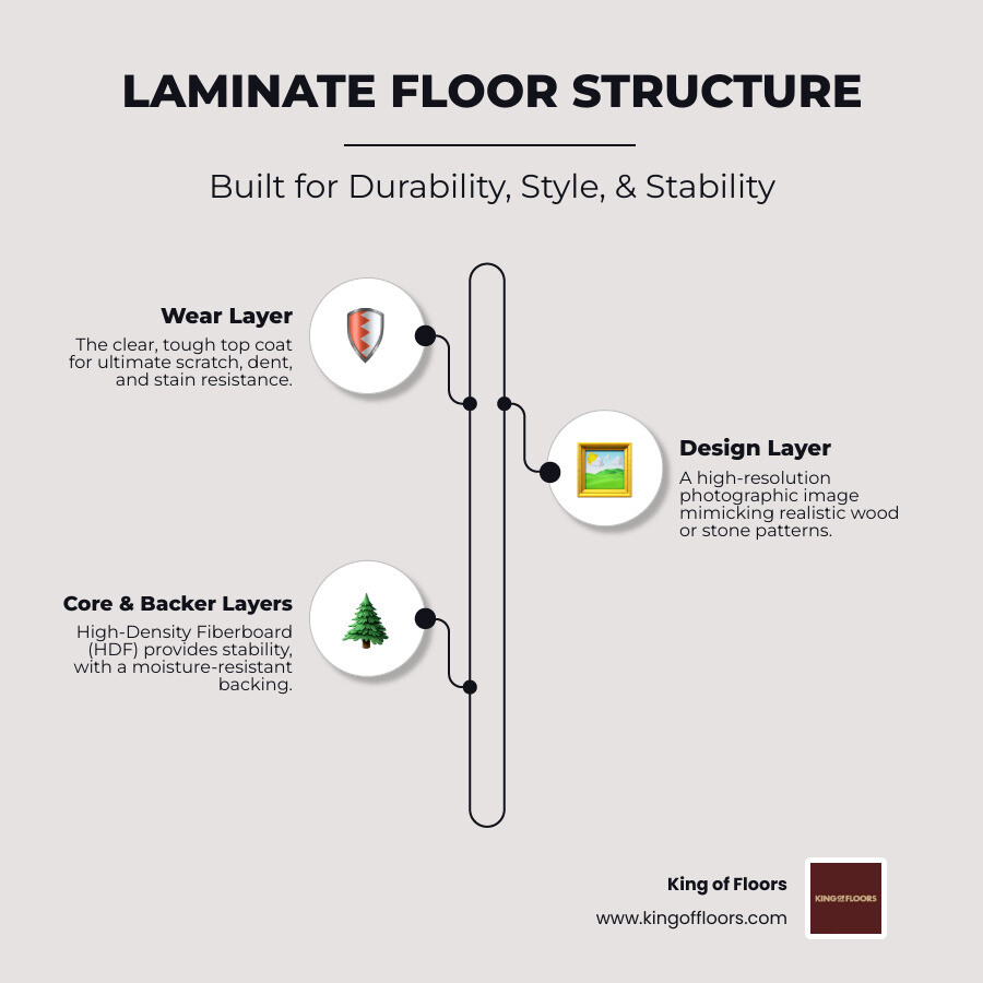 detailed infographic showing the four layers of laminate flooring construction with labels for wear layer, photographic design layer, HDF core, and backing layer, plus icons showing scratch resistance, water resistance, and ease of cleaning - low cost laminate flooring infographic infographic-line-3-steps-elegant_beige