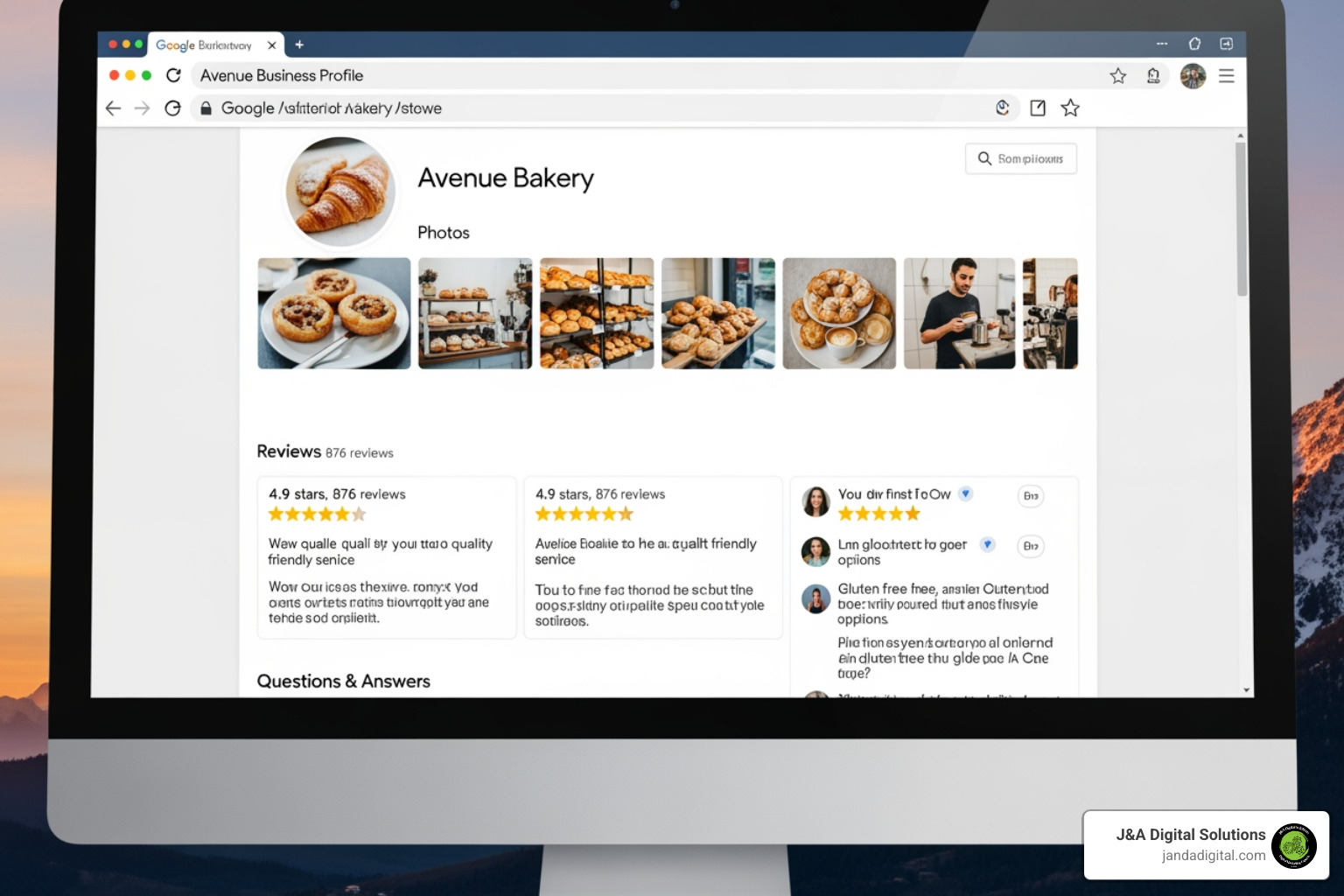 a fully optimized Google Business Profile on a desktop, highlighting the photos, reviews, and Q&A sections - local business visibility