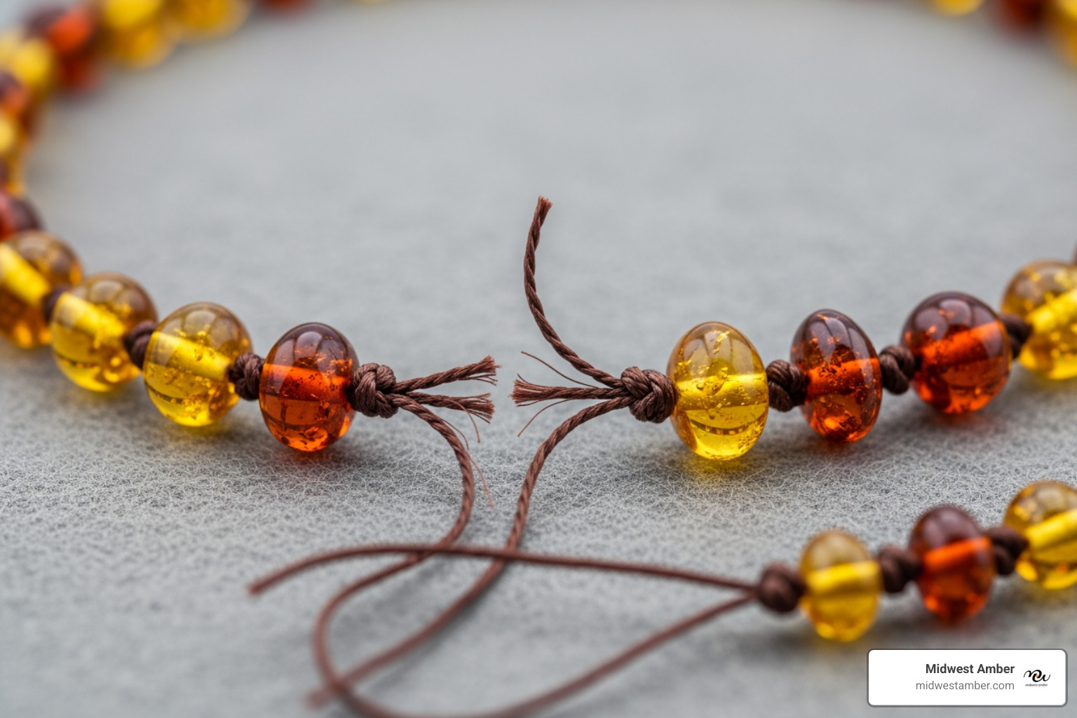 a broken amber necklace showing the individual knots - Amber necklace for infants