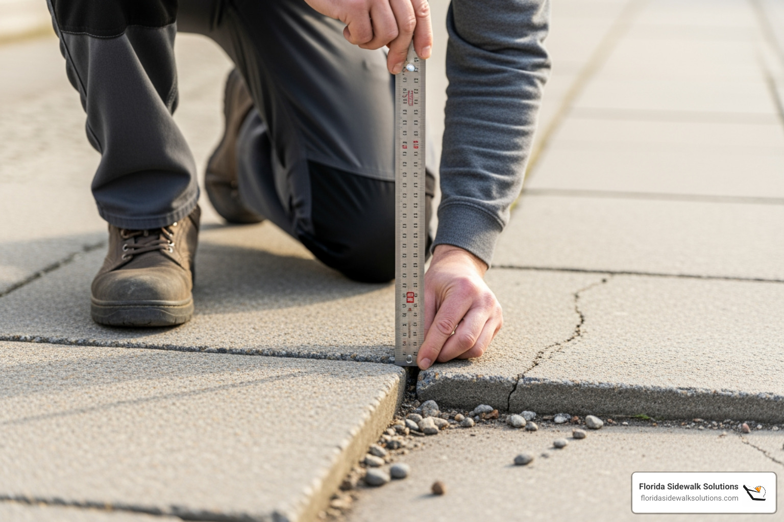 person measuring uneven sidewalk slab with ruler - Concrete Sidewalk Repair person measuring uneven sidewalk slab with ruler - Concrete Sidewalk Repair