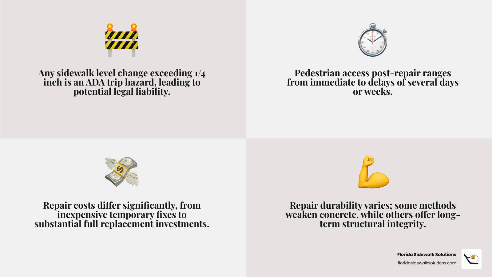 table comparing Florida Sidewalk Solutions' Precision Cutting vs. Traditional Methods (Grinding, Full Replacement). Columns: Effectiveness, Cost, Durability, ADA Compliance, Downtime - Concrete Sidewalk Repair infographic 4_facts_emoji_grey table comparing Florida Sidewalk Solutions' Precision Cutting vs. Traditional Methods (Grinding, Full Replacement). Columns: Effectiveness, Cost, Durability, ADA Compliance, Downtime - Concrete Sidewalk Repair infographic 4_facts_emoji_grey