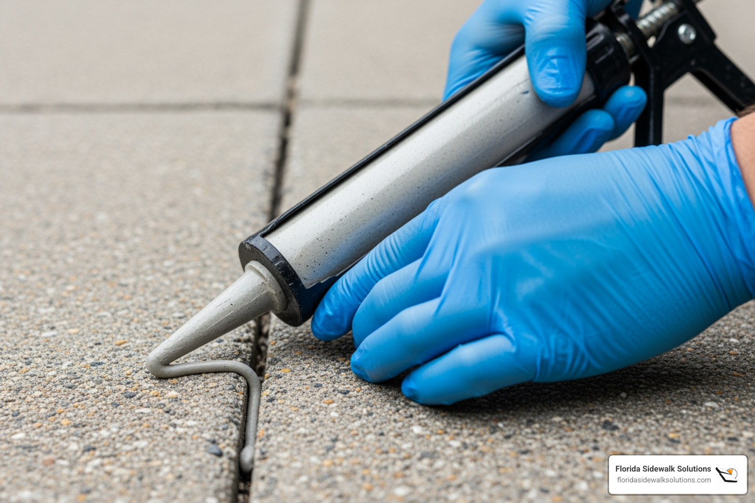 person using concrete caulk on a small hairline crack - Concrete Sidewalk Repair person using concrete caulk on a small hairline crack - Concrete Sidewalk Repair