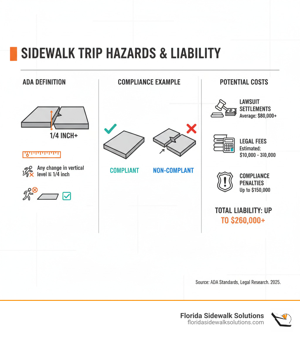 infographic showing ADA trip hazard definition with 1/4 inch measurement ruler, example of compliant vs non-compliant sidewalk height differences, and breakdown of potential liability costs including lawsuit settlements, legal fees, and compliance penalties - Concrete Sidewalk Repair infographic infographic showing ADA trip hazard definition with 1/4 inch measurement ruler, example of compliant vs non-compliant sidewalk height differences, and breakdown of potential liability costs including lawsuit settlements, legal fees, and compliance penalties - Concrete Sidewalk Repair infographic