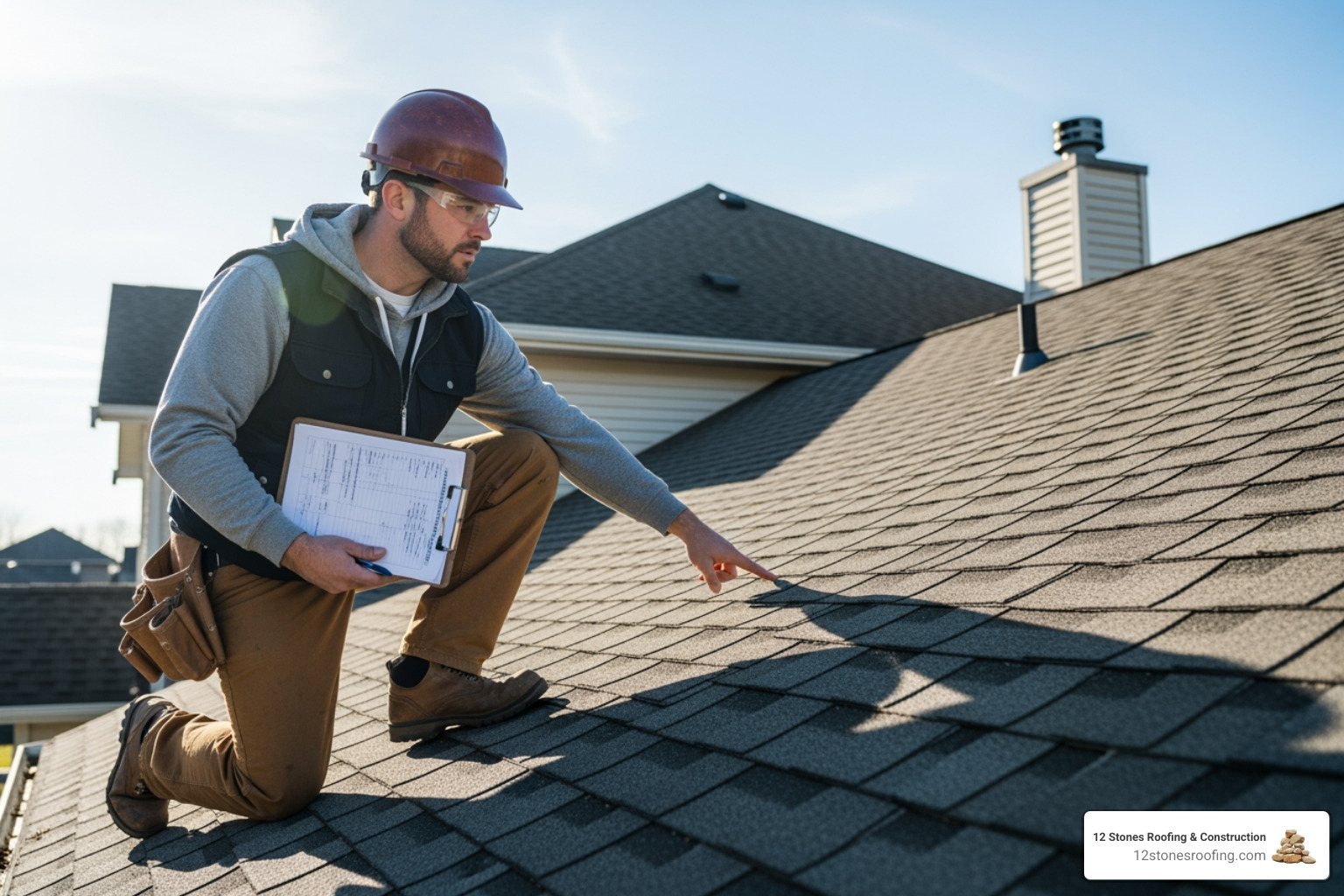 professional roofer safely inspecting a roof with a clipboard. - roof repair company Pasadena