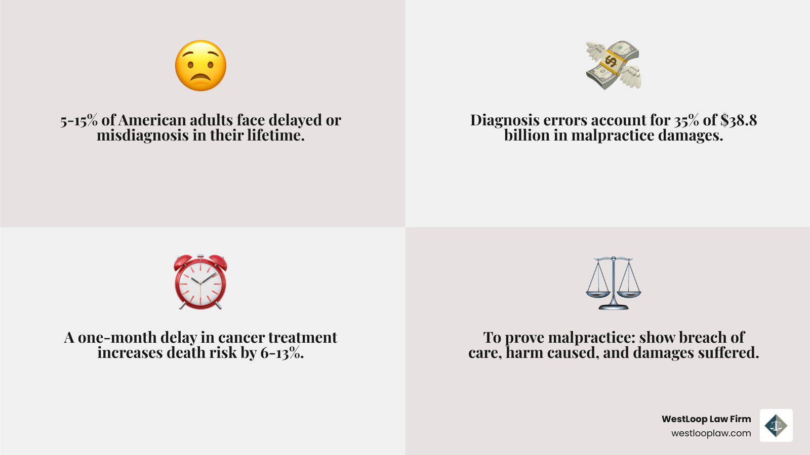Infographic showing delayed cancer diagnosis statistics: 5-15% of Americans face misdiagnosis, diagnosis errors account for 35% of malpractice damages totaling $38.8 billion from 1986-2010, one month treatment delay increases death risk by 6-13%, and survival rates comparing localized versus distant cancer stages for breast cancer (99% vs 27%), lung cancer (61% vs 6%), prostate cancer (nearly 100% vs 31%), and colorectal cancer (90% vs 14%) - delayed cancer diagnosis malpractice infographic 4_facts_emoji_grey Infographic showing delayed cancer diagnosis statistics: 5-15% of Americans face misdiagnosis, diagnosis errors account for 35% of malpractice damages totaling $38.8 billion from 1986-2010, one month treatment delay increases death risk by 6-13%, and survival rates comparing localized versus distant cancer stages for breast cancer (99% vs 27%), lung cancer (61% vs 6%), prostate cancer (nearly 100% vs 31%), and colorectal cancer (90% vs 14%) - delayed cancer diagnosis malpractice infographic 4_facts_emoji_grey