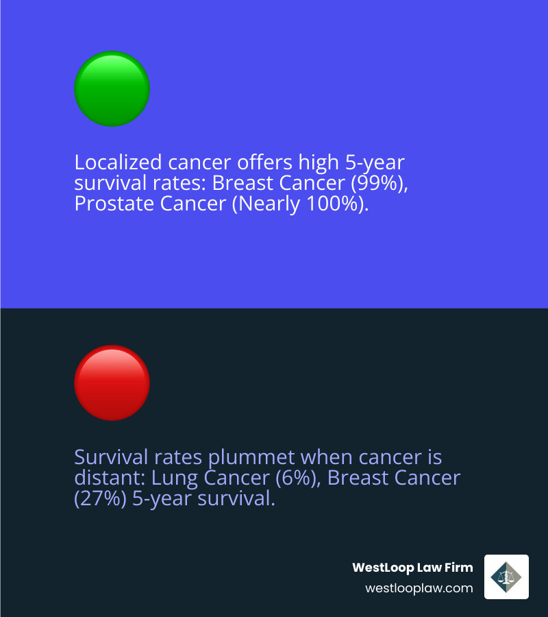 Infographic showing survival rates for localized vs. distant cancer stages for breast cancer (99% vs 27%), lung cancer (61% vs 6%), prostate cancer (nearly 100% vs 31%), and colorectal cancer (90% vs 14%) - delayed cancer diagnosis malpractice infographic 2_facts_emoji_blue Infographic showing survival rates for localized vs. distant cancer stages for breast cancer (99% vs 27%), lung cancer (61% vs 6%), prostate cancer (nearly 100% vs 31%), and colorectal cancer (90% vs 14%) - delayed cancer diagnosis malpractice infographic 2_facts_emoji_blue
