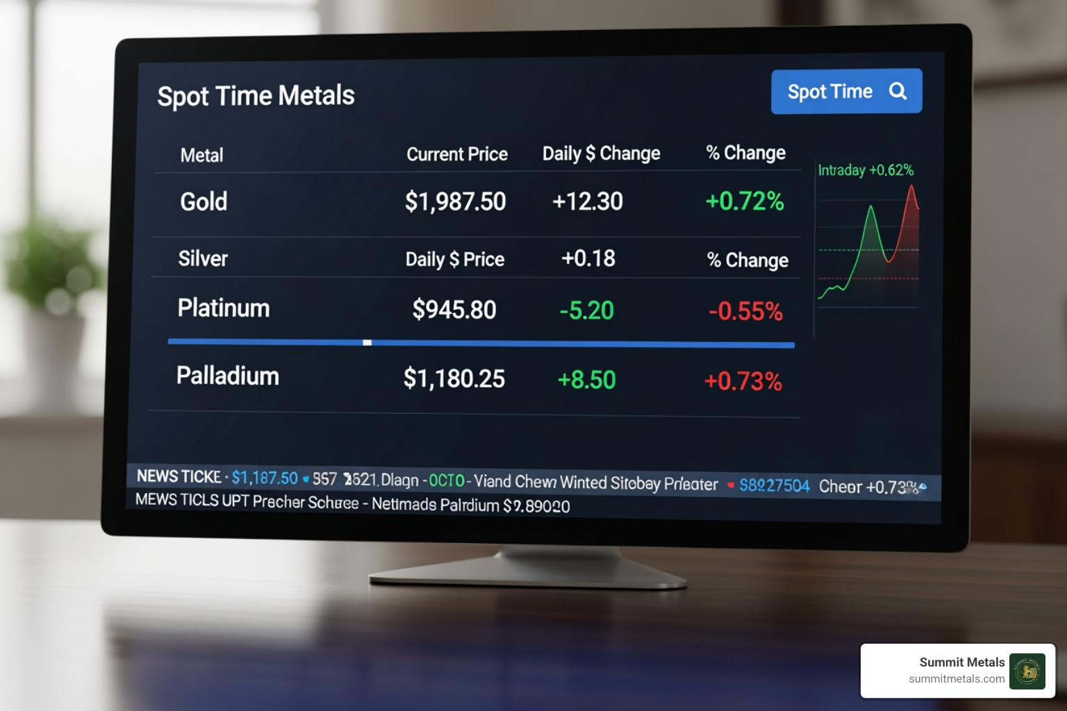A digital dashboard displaying the live spot prices for Gold, Silver, Platinum, and Palladium, including their dollar and percentage change for the day, similar to a financial trading platform. - precious metal prices chart today A digital dashboard displaying the live spot prices for Gold, Silver, Platinum, and Palladium, including their dollar and percentage change for the day, similar to a financial trading platform. - precious metal prices chart today