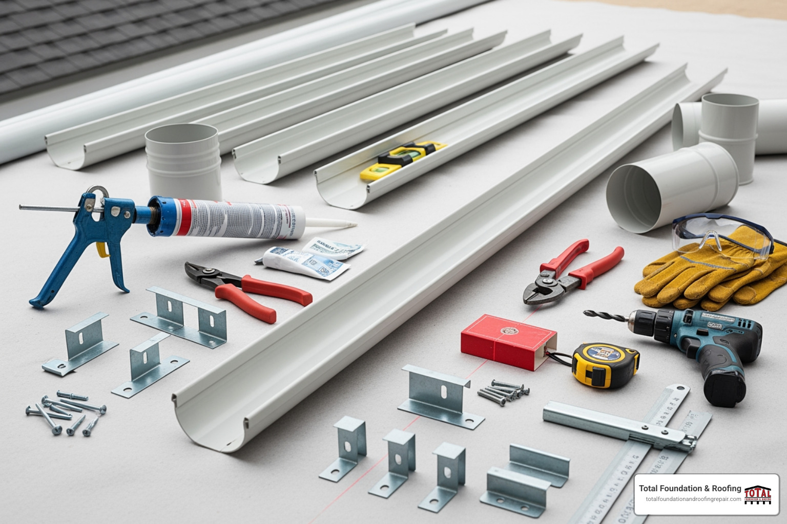 Tools and materials for gutter installation on a metal roof, including seamless gutter sections, downspouts, specialized roof brackets, screws, sealant gun, tin snips, level, chalk line, measuring tape, and safety gear. - gutter installation on metal roof Tools and materials for gutter installation on a metal roof, including seamless gutter sections, downspouts, specialized roof brackets, screws, sealant gun, tin snips, level, chalk line, measuring tape, and safety gear. - gutter installation on metal roof