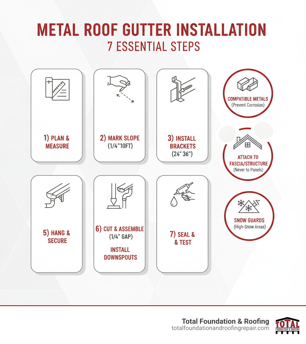 Infographic showing the 7 essential steps for metal roof gutter installation: 1) Plan layout and measure runs, 2) Mark proper slope with chalk line (1/4 inch per 10 feet), 3) Install specialized brackets every 24-36 inches, 4) Cut and assemble gutter sections with 1/4 inch expansion gaps, 5) Hang gutters and secure to brackets, 6) Install downspouts directing water away from foundation, 7) Seal all joints and test with water. Additional callouts highlight: use compatible metals to prevent corrosion, attach to fascia or structure (never directly to panels), and install snow guards in high-snowfall areas. - gutter installation on metal roof infographic Infographic showing the 7 essential steps for metal roof gutter installation: 1) Plan layout and measure runs, 2) Mark proper slope with chalk line (1/4 inch per 10 feet), 3) Install specialized brackets every 24-36 inches, 4) Cut and assemble gutter sections with 1/4 inch expansion gaps, 5) Hang gutters and secure to brackets, 6) Install downspouts directing water away from foundation, 7) Seal all joints and test with water. Additional callouts highlight: use compatible metals to prevent corrosion, attach to fascia or structure (never directly to panels), and install snow guards in high-snowfall areas. - gutter installation on metal roof infographic
