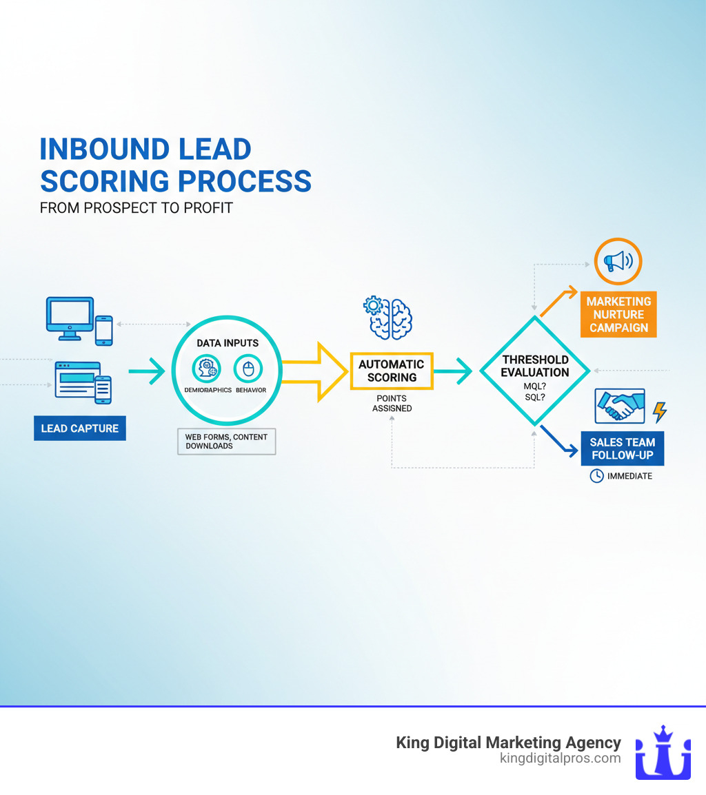 Inbound lead scoring process showing lead capture through web forms and content downloads, automatic scoring based on demographics and behavior, threshold evaluation to determine MQL or SQL status, and routing to either sales team for immediate follow-up or marketing nurture campaigns - inbound lead scoring infographic 