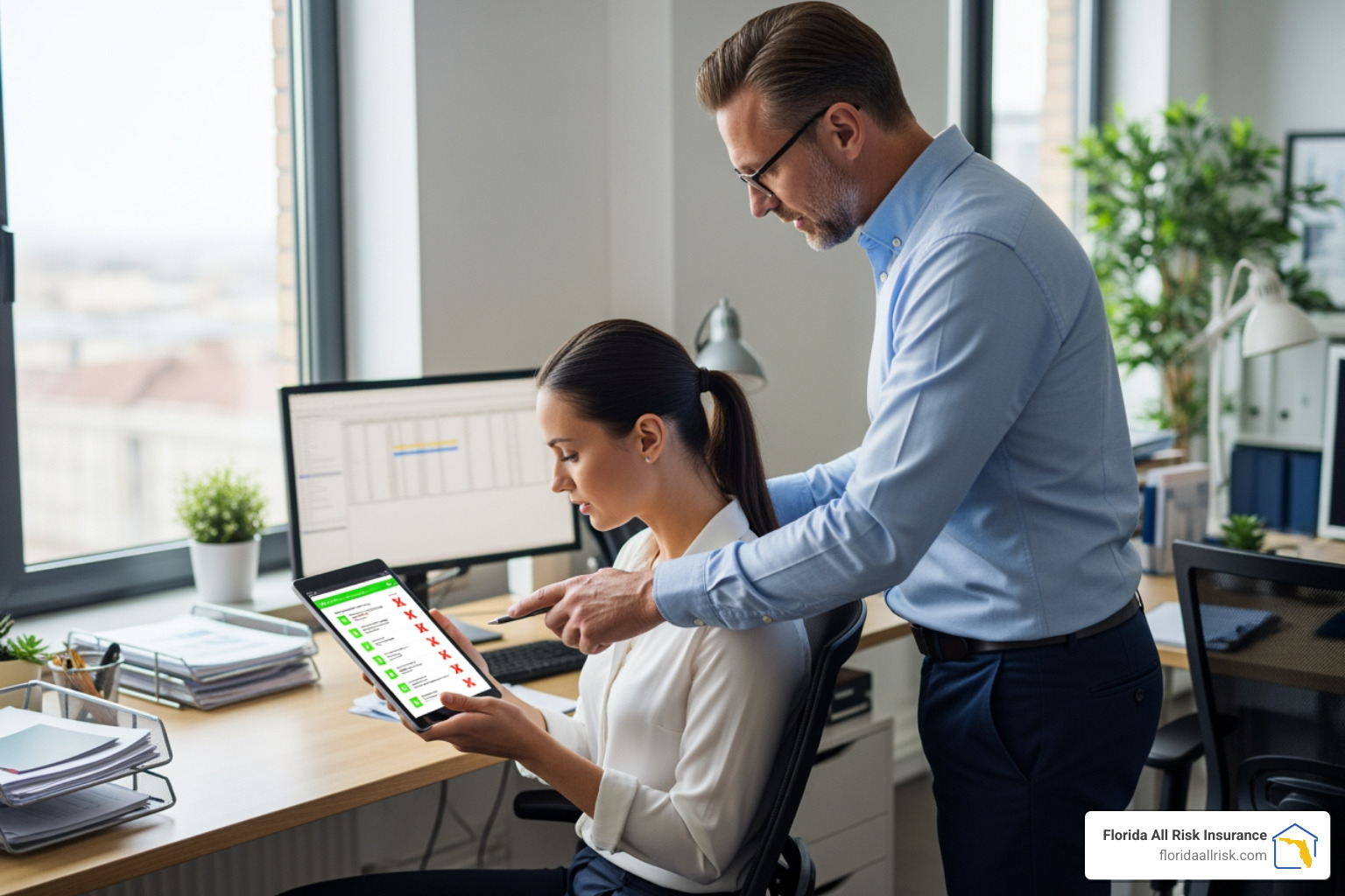 A photo of a manager and an employee reviewing a safety checklist on a tablet in a clean, organized workplace. - workers comp rate florida A photo of a manager and an employee reviewing a safety checklist on a tablet in a clean, organized workplace. - workers comp rate florida