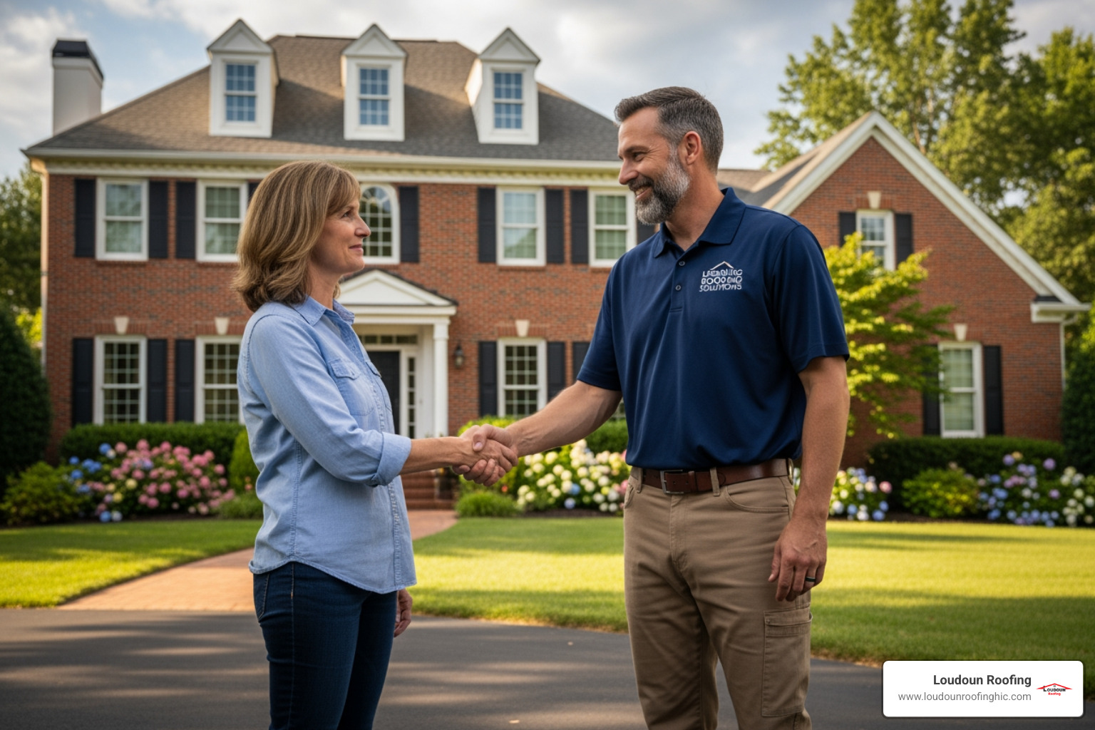 friendly Loudoun Roofing contractor shaking hands with a homeowner in Leesburg - preventative roof maintenance